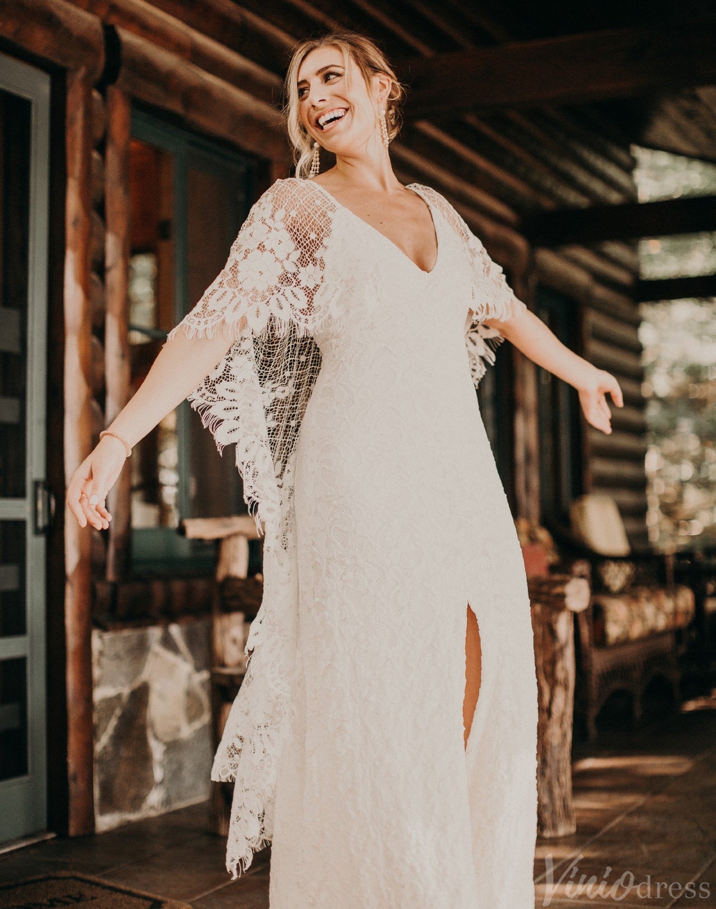 Backless Beach Boho Lace Wedding Dresses Extra Long Batwing Sleeves VW2219-wedding dresses 2025 -Viniodress-Ivory-Custom Size-