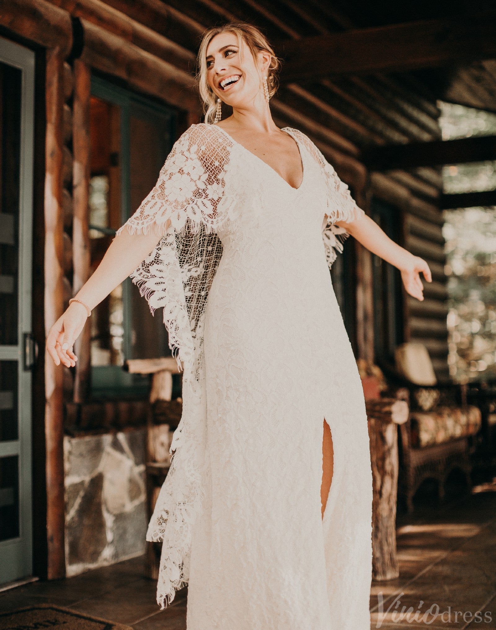 Backless Beach Boho Lace Wedding Dresses Extra Long Batwing Sleeves VW2219-wedding dresses 2025 -Viniodress-Ivory-Custom Size-