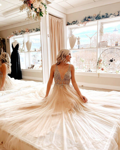 Backless Champagne A-line Prom Dresses Beaded V-neck Tulle Gown FD1293B-prom dresses 2025 -Viniodress-Champagne-Custom Size-