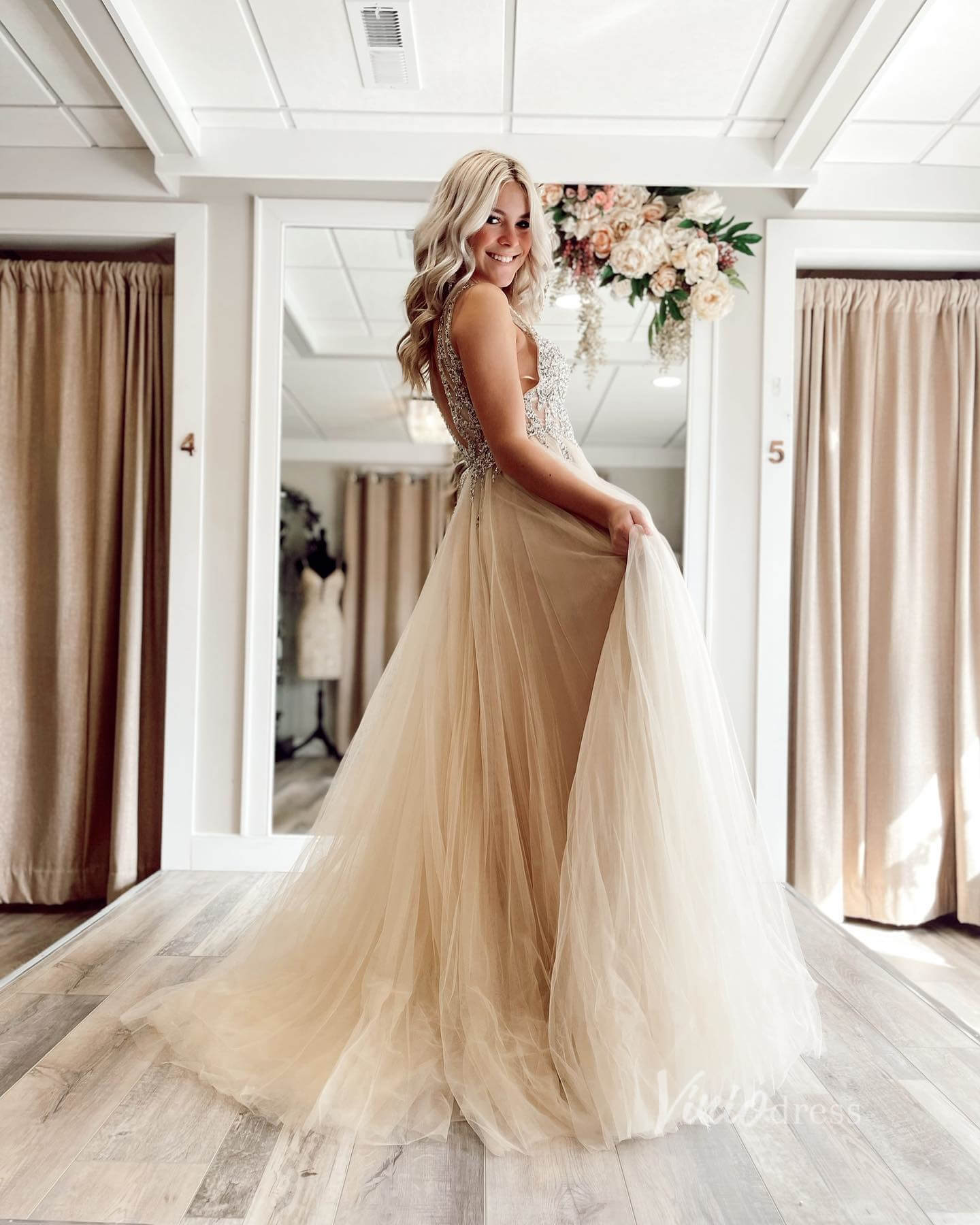 Backless Champagne A-line Prom Dresses Beaded V-neck Tulle Gown FD1293 –  Viniodress