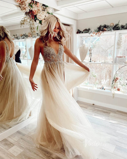 Backless Champagne A-line Prom Dresses Beaded V-neck Tulle Gown FD1293B-prom dresses 2025 -Viniodress-Champagne-Custom Size-