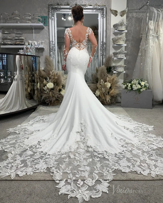 Backless Mermaid Wedding Dress | Sheer Bodice, Sparkly Lace & Asymmetrical Lace Train ML147-wedding dresses 2025 -Viniodress-Ivory-Custom Size-