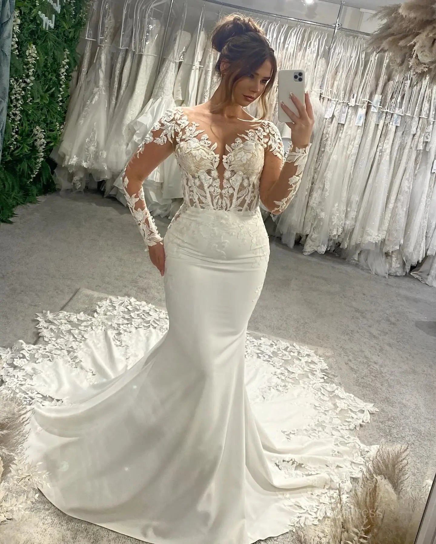 Backless Mermaid Wedding Dress | Sheer Bodice, Sparkly Lace & Asymmetrical Lace Train ML147-wedding dresses 2025 -Viniodress-Ivory-Custom Size-