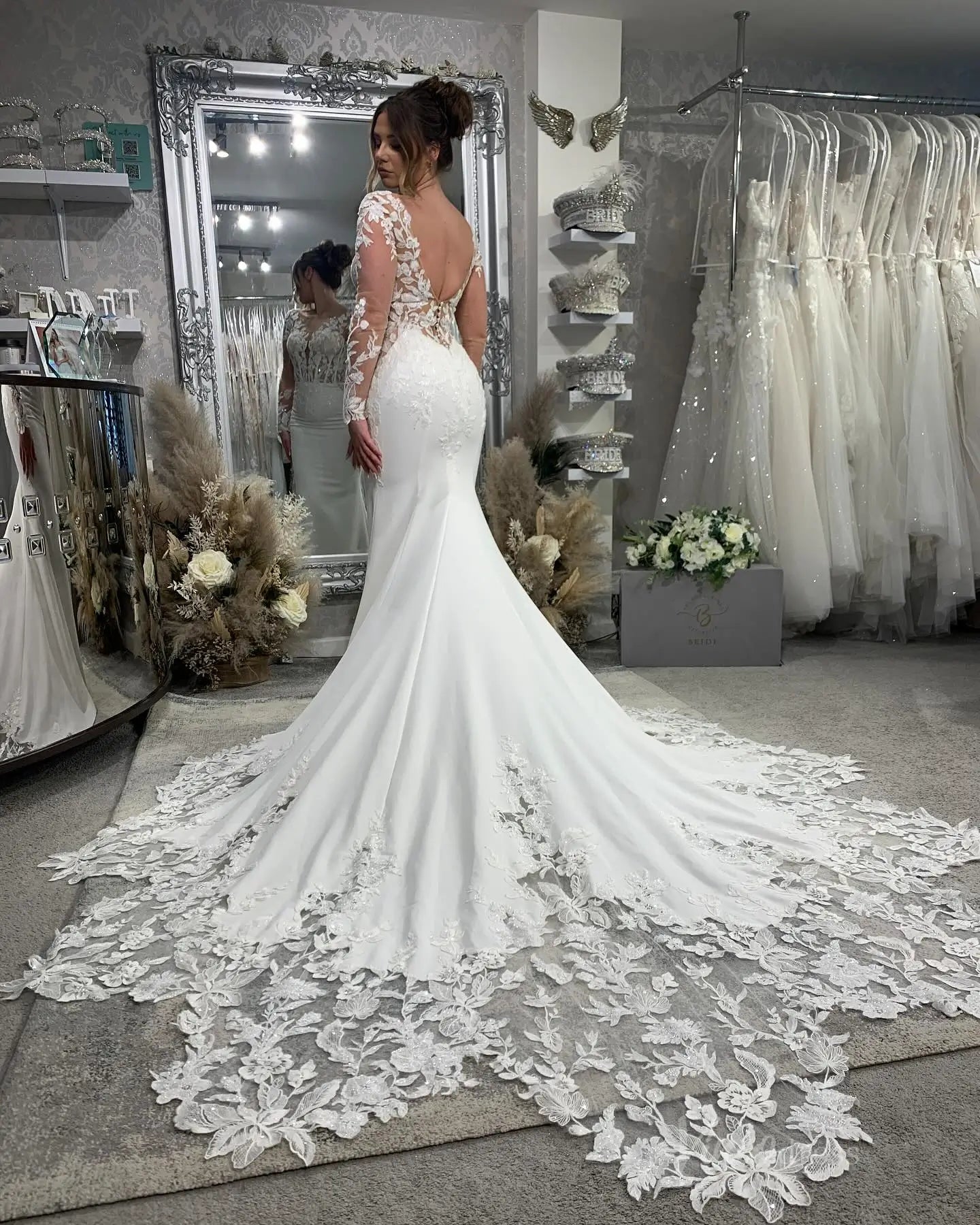 Backless Mermaid Wedding Dress | Sheer Bodice, Sparkly Lace & Asymmetrical Lace Train ML147-wedding dresses 2025 -Viniodress-Ivory-Custom Size-