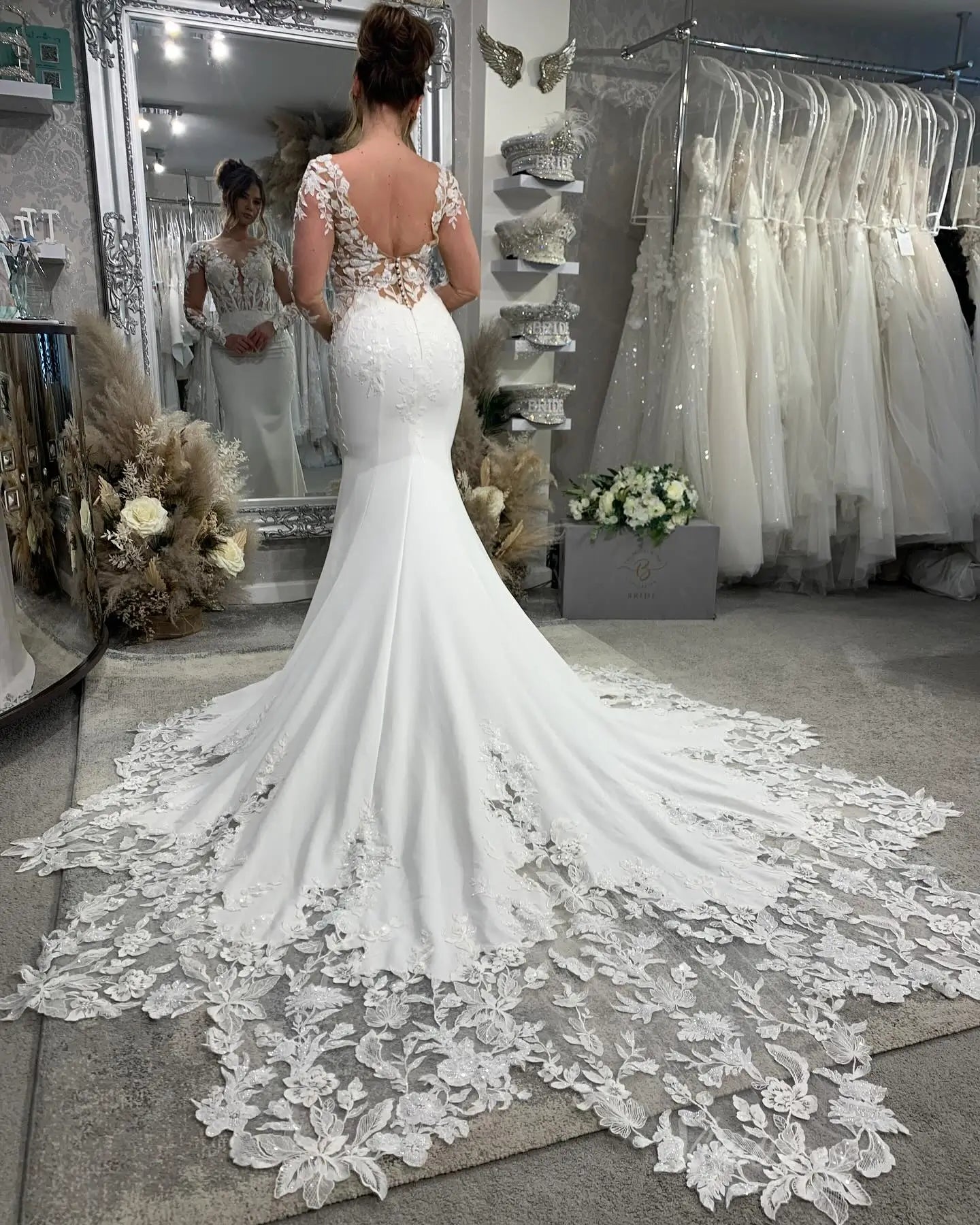 Backless Mermaid Wedding Dress | Sheer Bodice, Sparkly Lace & Asymmetr Viniodress Backless Mermaid Wedding Dress | Sheer Bodice, Sparkly Lace & Asymmetr Viniodress