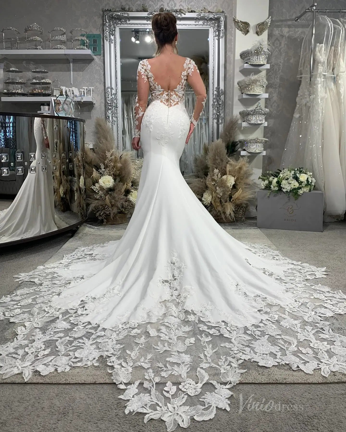 Backless Mermaid Wedding Dress | Sheer Bodice, Sparkly Lace & Asymmetrical Lace Train ML147-wedding dresses 2025 -Viniodress-Ivory-Custom Size-