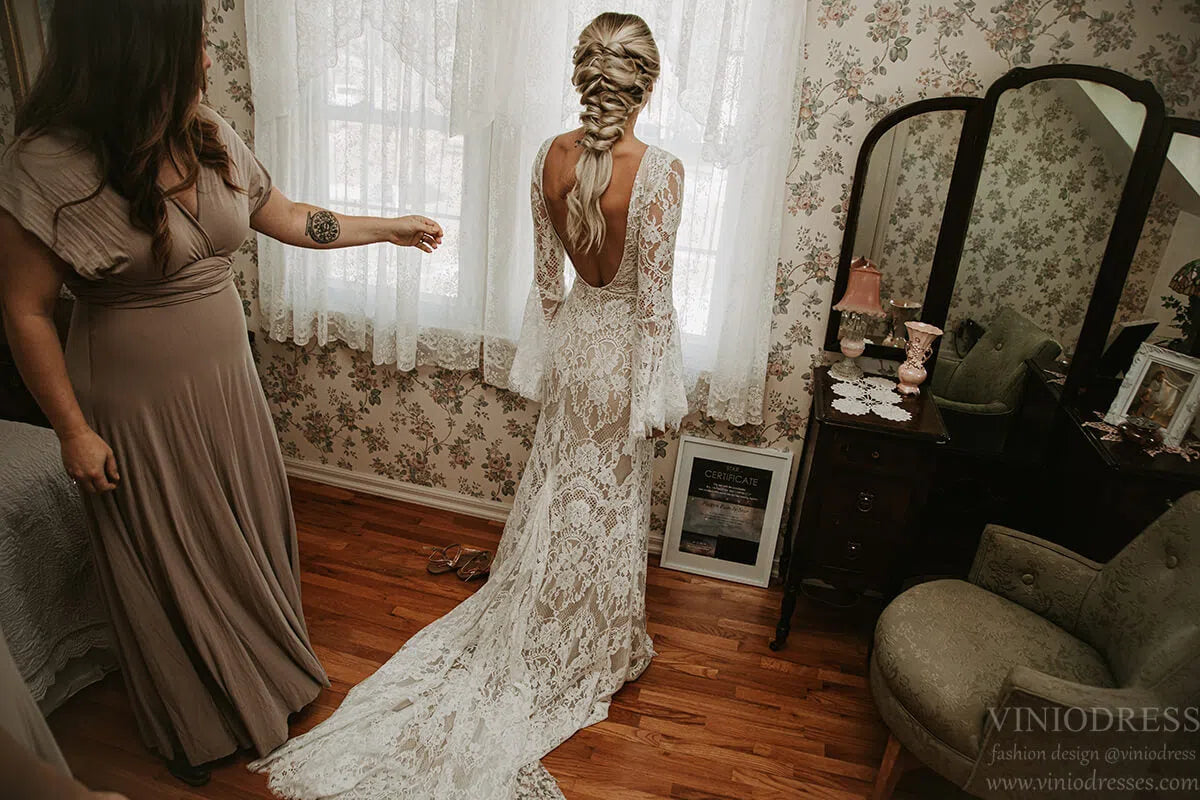 Backless Sheath Lace Boho Wedding Dress with Long Bell Sleeves VW1087 Viniodress Backless Sheath Lace Boho Wedding Dress with Long Bell Sleeves VW1087 Viniodress