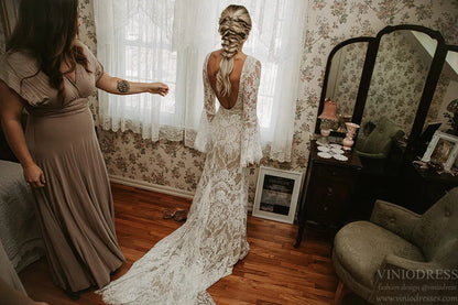 Backless Sheath Lace Boho Wedding Dress with Long Bell Sleeves VW1087-wedding dresses 2025 -Viniodress-Ivory-Custom Size-