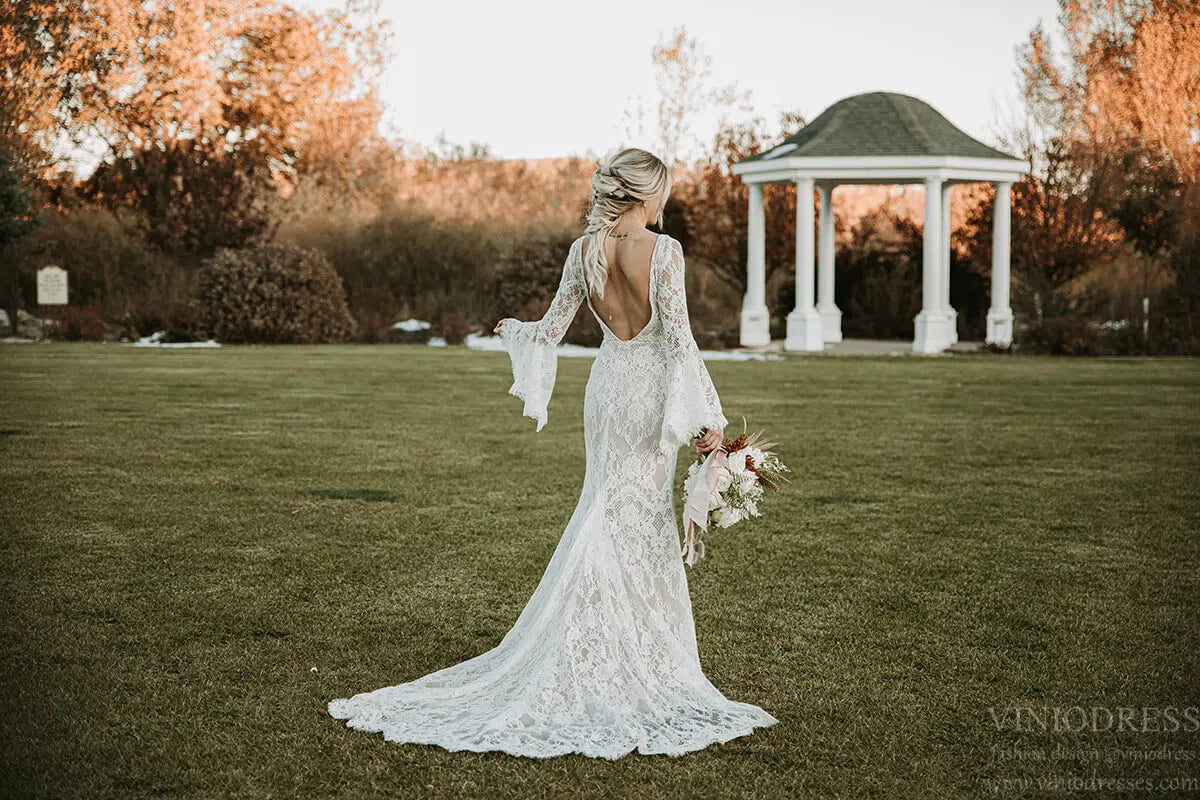 Backless Sheath Lace Boho Wedding Dress with Long Bell Sleeves VW1087-wedding dresses 2025 -Viniodress-Ivory-Custom Size-