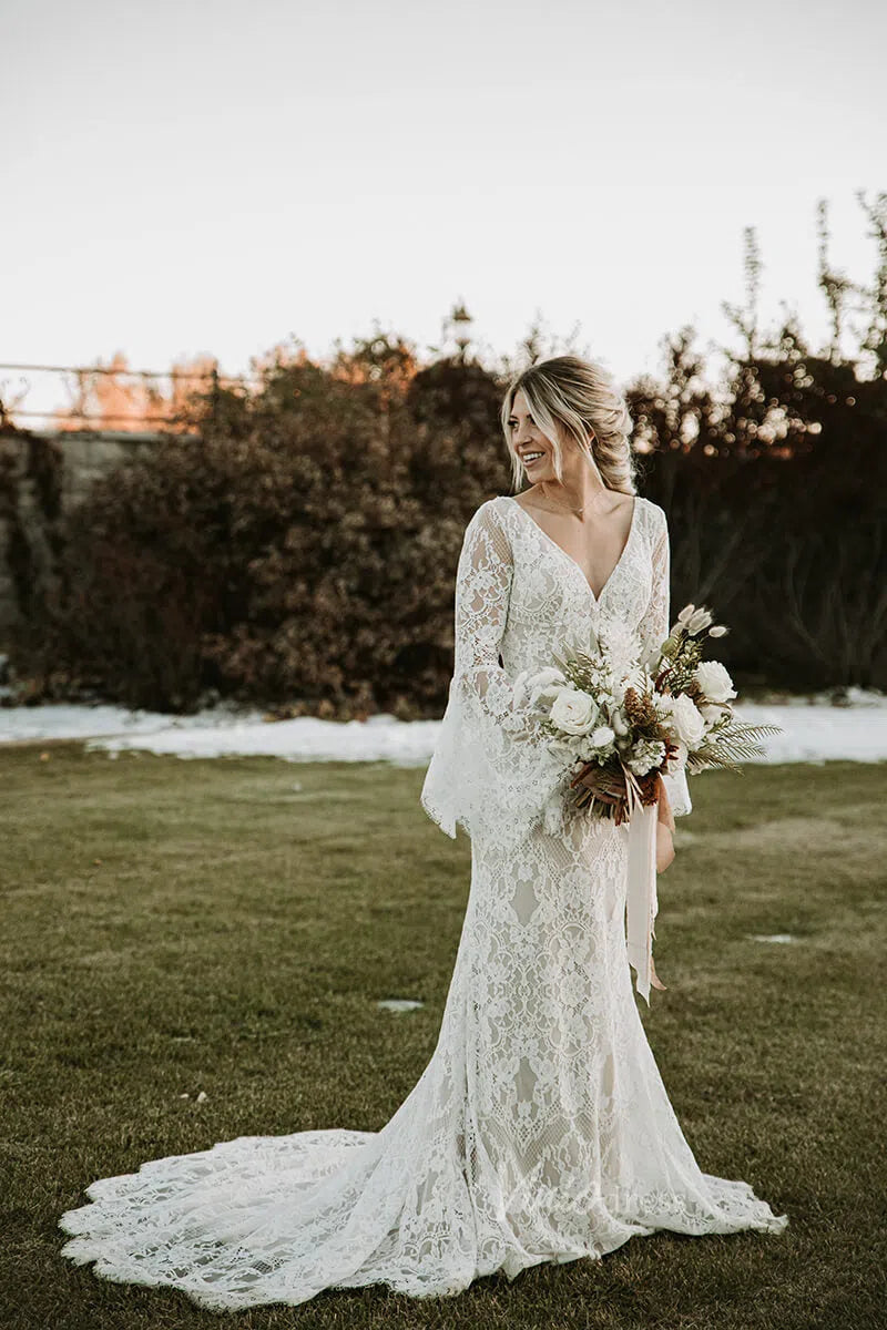 Backless Sheath Lace Boho Wedding Dress with Long Bell Sleeves VW1087 Viniodress Backless Sheath Lace Boho Wedding Dress with Long Bell Sleeves VW1087 Viniodress