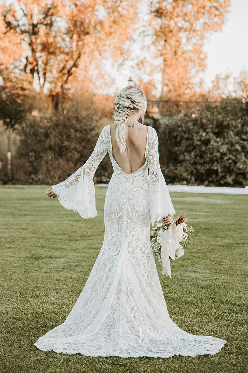 Backless Sheath Lace Boho Wedding Dress with Long Bell Sleeves VW1087-wedding dresses 2025 -Viniodress-Ivory-Custom Size-