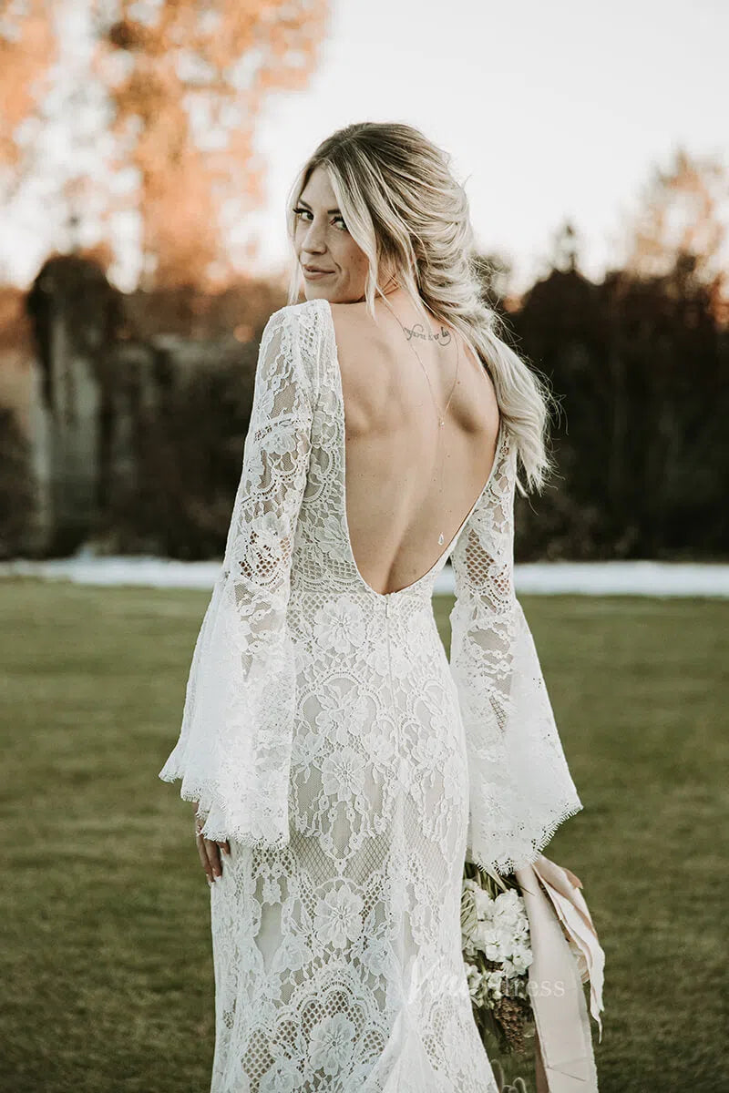 Backless Sheath Lace Boho Wedding Dress with Long Bell Sleeves VW1087-wedding dresses 2025 -Viniodress-Ivory-Custom Size-