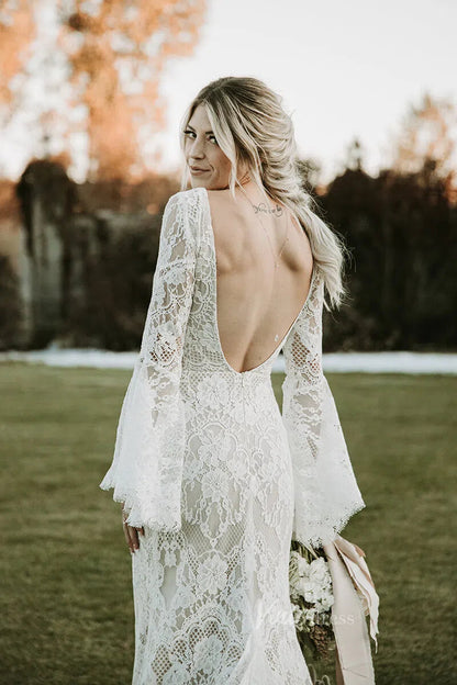Backless Sheath Lace Boho Wedding Dress with Long Bell Sleeves VW1087-wedding dresses 2025 -Viniodress-Ivory-Custom Size-