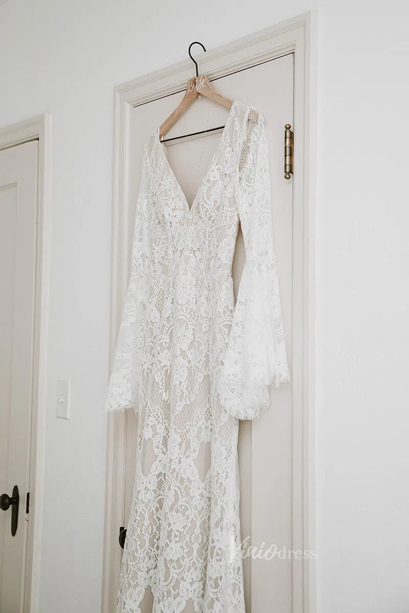 Backless Sheath Lace Boho Wedding Dress with Long Bell Sleeves VW1087-wedding dresses 2025 -Viniodress-Ivory-Custom Size-