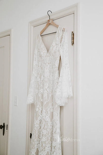 Backless Sheath Lace Boho Wedding Dress with Long Bell Sleeves VW1087-wedding dresses 2025 -Viniodress-Ivory-Custom Size-