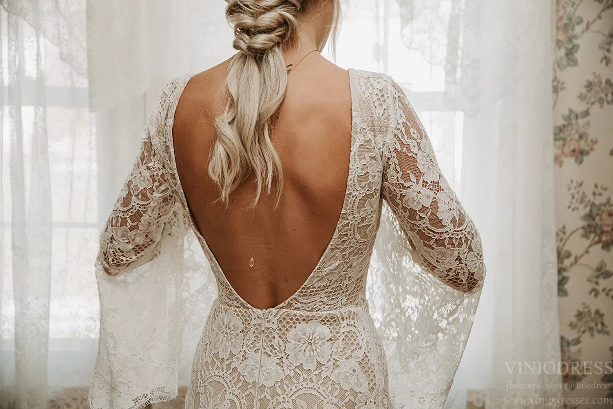 Backless Sheath Lace Boho Wedding Dress with Long Bell Sleeves VW1087-wedding dresses 2025 -Viniodress-Ivory-Custom Size-