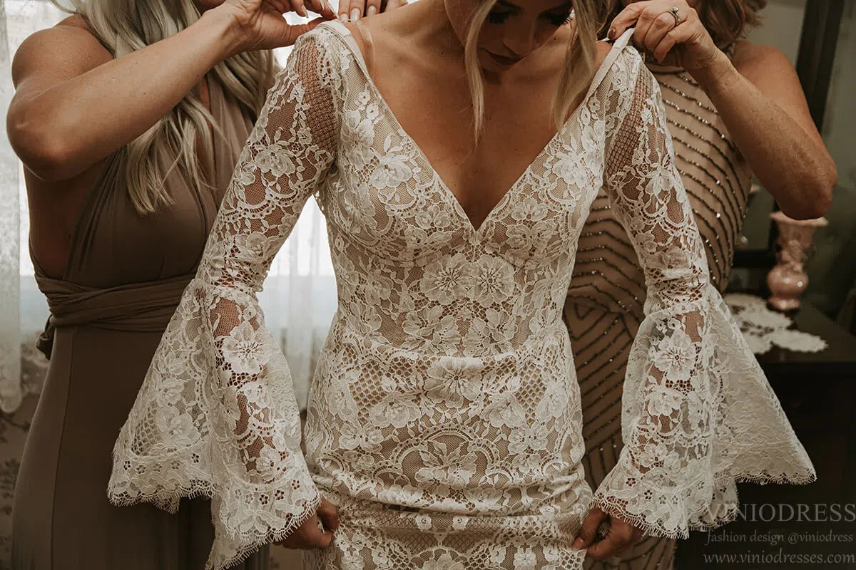 Sheath Lace Boho Wedding Dress with Long Bell Sleeves VW1087-wedding dresses-Viniodress-Viniodress