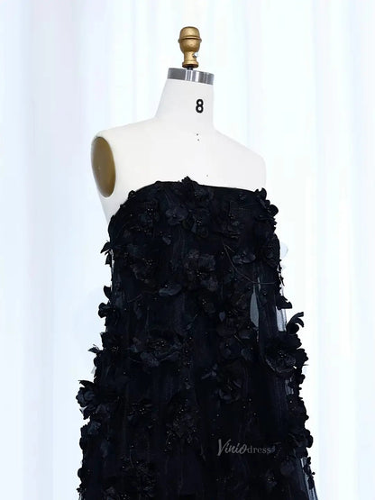 Balck Floral Prom Dresses Long 3D Flower Formal Dresses A-line BD015-prom dresses 2025 -Viniodress-Black-US 2-