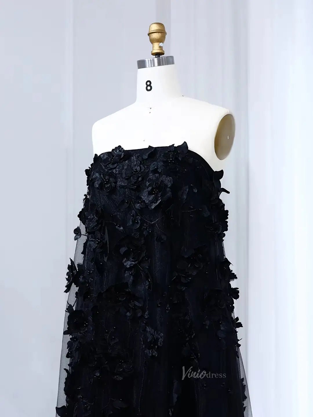 Balck Floral Prom Dresses Long 3D Flower Formal Dresses A-line BD015-prom dresses 2025 -Viniodress-Black-US 2-