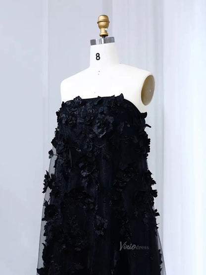 Balck Floral Prom Dresses Long 3D Flower Formal Dresses A-line BD015-prom dresses 2025 -Viniodress-Black-US 2-