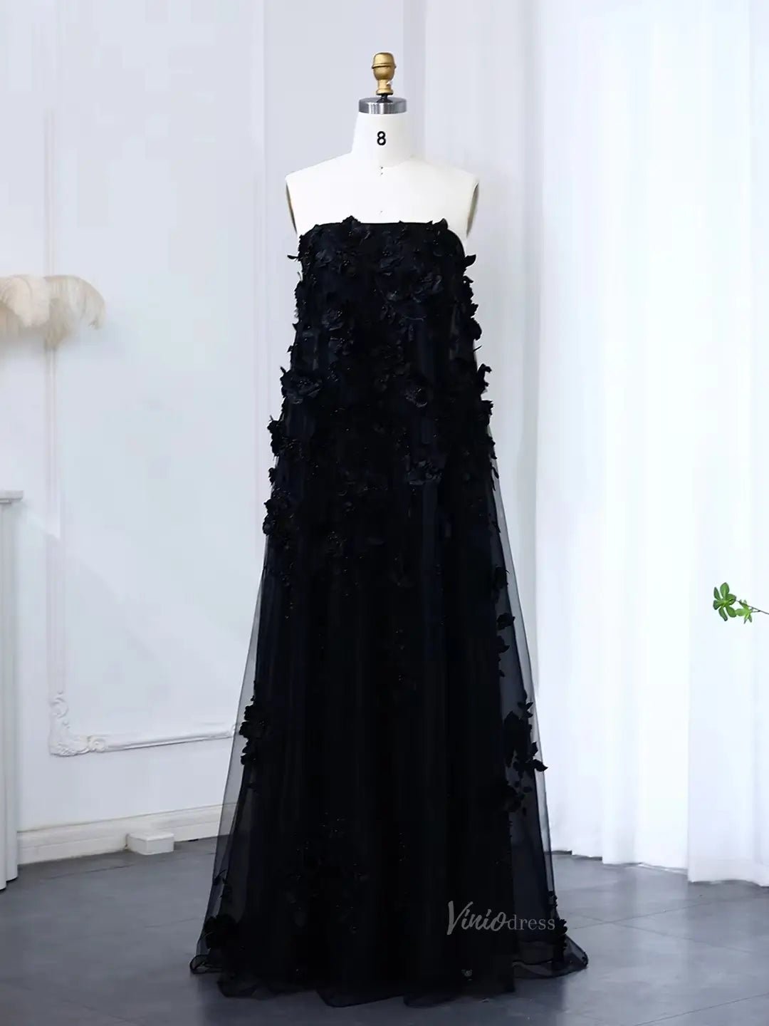 Balck Floral Prom Dresses Long 3D Flower Formal Dresses A-line BD015-prom dresses 2025 -Viniodress-Black-US 2-