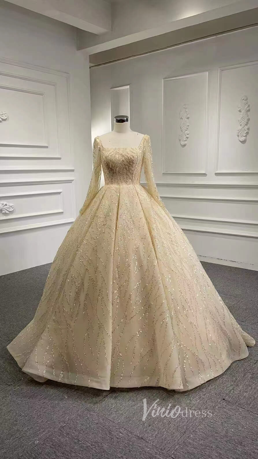 Ball Gown Luxury Beaded Wedding Dresses with Long Sleeves 67331 viniodress-wedding dresses 2025 -Viniodress-Champagne-Custom Size-