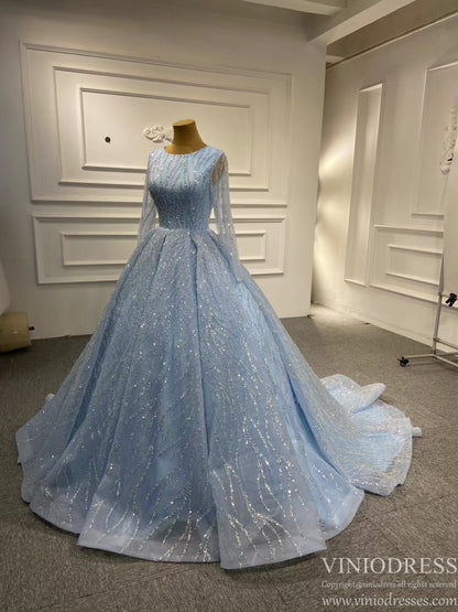 Ball Gown Luxury Beaded Wedding Dresses with Long Sleeves 67331 viniodress-wedding dresses 2025 -Viniodress-Light Blue-Custom Size-