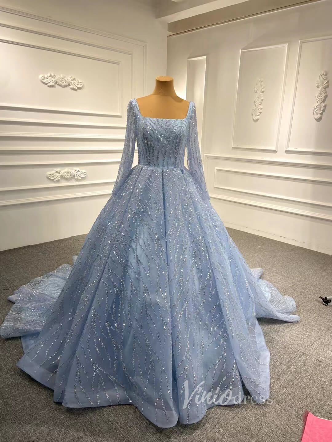 Ball Gown Luxury Beaded Wedding Dresses with Long Sleeves 67331 viniodress-wedding dresses 2025 -Viniodress-Light Blue-Custom Size-
