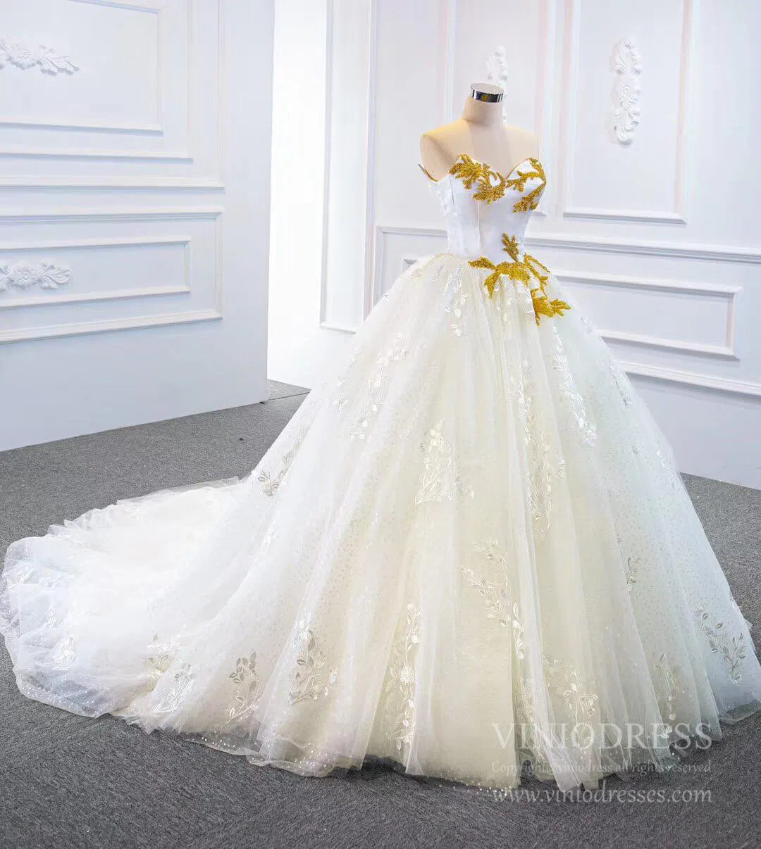 Ball Gown Strapless Wedding Dresses Gold Beaded Classy Wedding Gown VW1424-wedding dresses-Viniodress-Viniodress