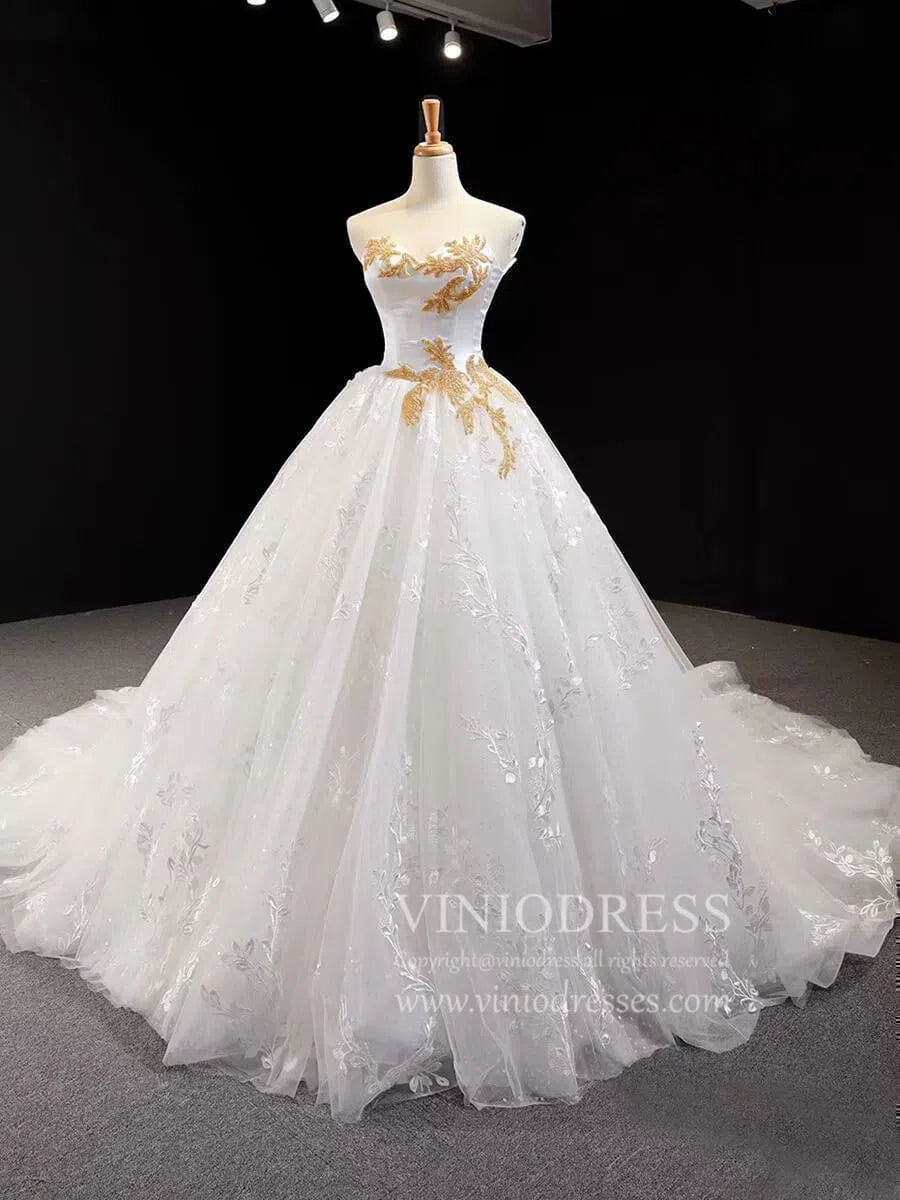 Ball Gown Strapless Wedding Dresses Gold Beaded Classy Wedding Gown VW1424-wedding dresses-Viniodress-Viniodress