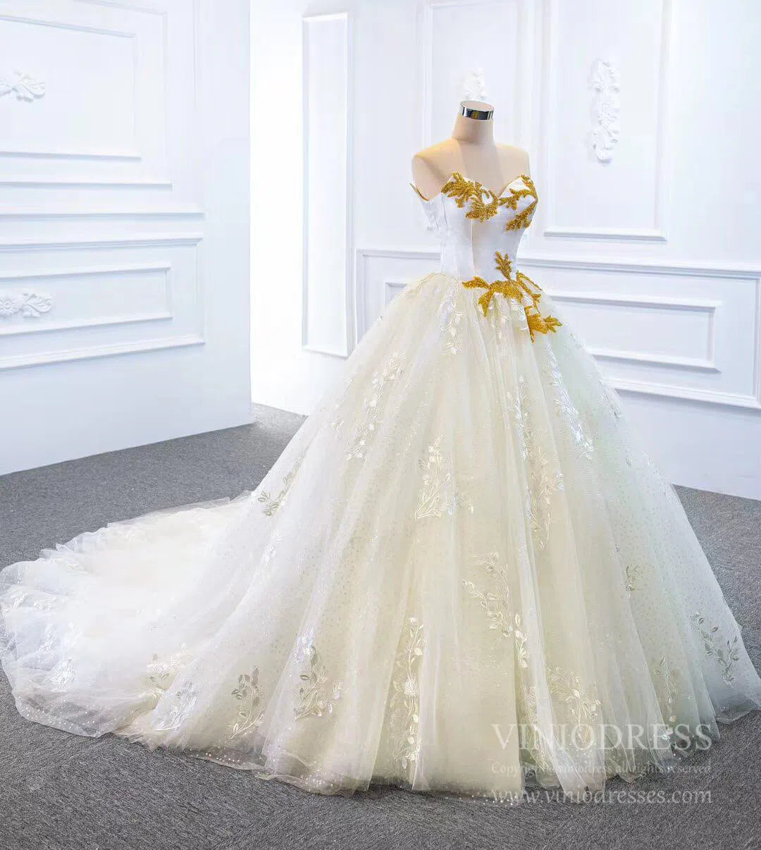 Ball Gown Strapless Wedding Dresses Gold Beaded Classy Wedding Gown VW1424-wedding dresses-Viniodress-Viniodress