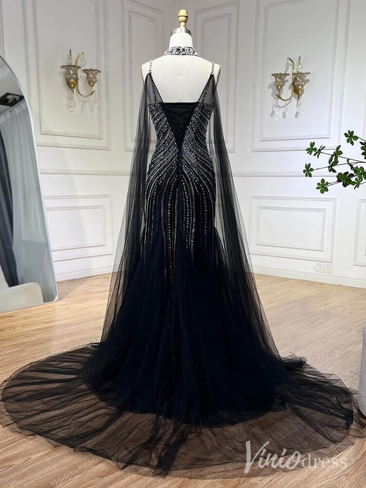 Prom Dress 2025 Beaded Mermaid Cape Sleeve Prom Dresses Spaghetti Strap Pageant Dress AD1250-unique prom dresses-Navy-US 2-Viniodress