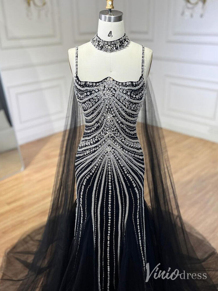 Prom Dress 2025 Beaded Mermaid Cape Sleeve Prom Dresses Spaghetti Strap Pageant Dress AD1250-unique prom dresses-Navy-US 2-Viniodress