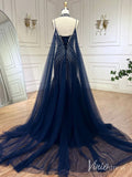 Prom Dress 2025 Beaded Mermaid Cape Sleeve Prom Dresses Spaghetti Strap Pageant Dress AD1250-unique prom dresses-Navy-US 2-Viniodress