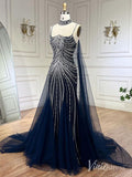 Prom Dress 2025 Beaded Mermaid Cape Sleeve Prom Dresses Spaghetti Strap Pageant Dress AD1250-unique prom dresses-Navy-US 2-Viniodress