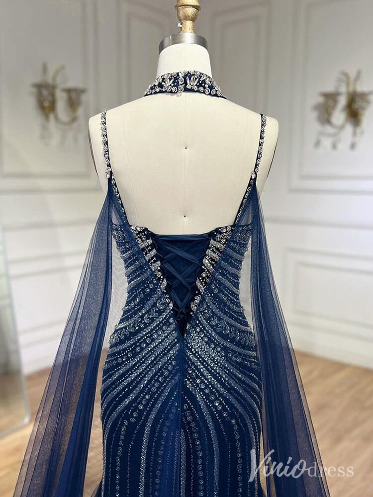 Prom Dress 2025 Beaded Mermaid Cape Sleeve Prom Dresses Spaghetti Strap Pageant Dress AD1250-unique prom dresses-Navy-US 2-Viniodress