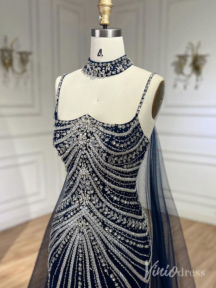 Prom Dress 2025 Beaded Mermaid Cape Sleeve Prom Dresses Spaghetti Strap Pageant Dress AD1250-unique prom dresses-Navy-US 2-Viniodress