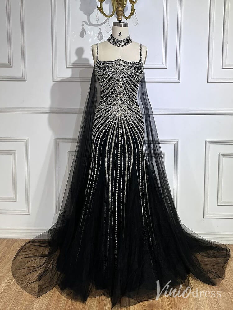 Prom Dress 2025 Beaded Mermaid Cape Sleeve Prom Dresses Spaghetti Strap Pageant Dress AD1250-unique prom dresses-Black-US 2-Viniodress