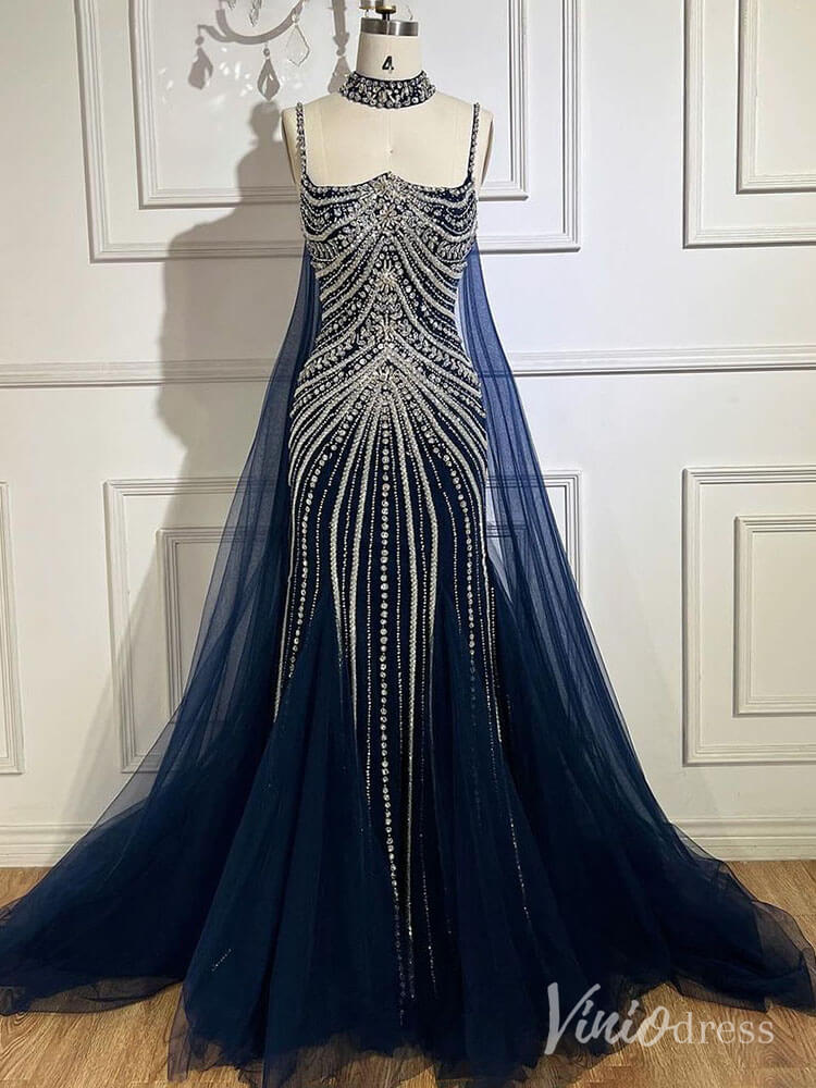 Prom Dress 2025 Beaded Mermaid Cape Sleeve Prom Dresses Spaghetti Strap Pageant Dress AD1250-unique prom dresses-Navy-US 2-Viniodress