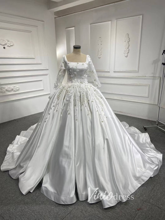 Beaded 3D Flower Satin Wedding Dresses with Sleeves 67282-wedding dresses 2025 -Viniodress-Ball-Gown-Ivory-Custom Size