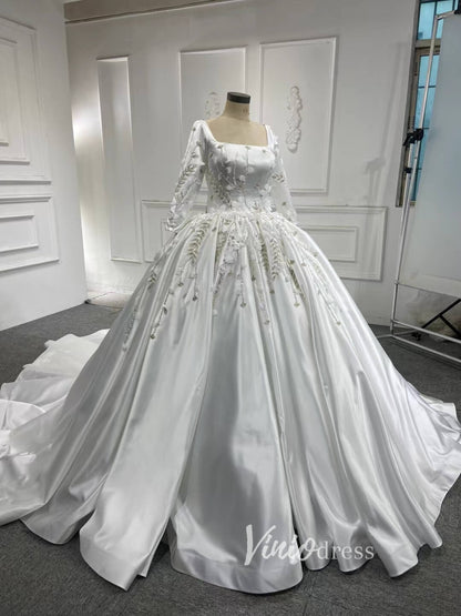 Beaded 3D Flower Satin Wedding Dresses with Sleeves 67282-wedding dresses 2025 -Viniodress-Sheath/Overskirt-Ivory-Custom Size