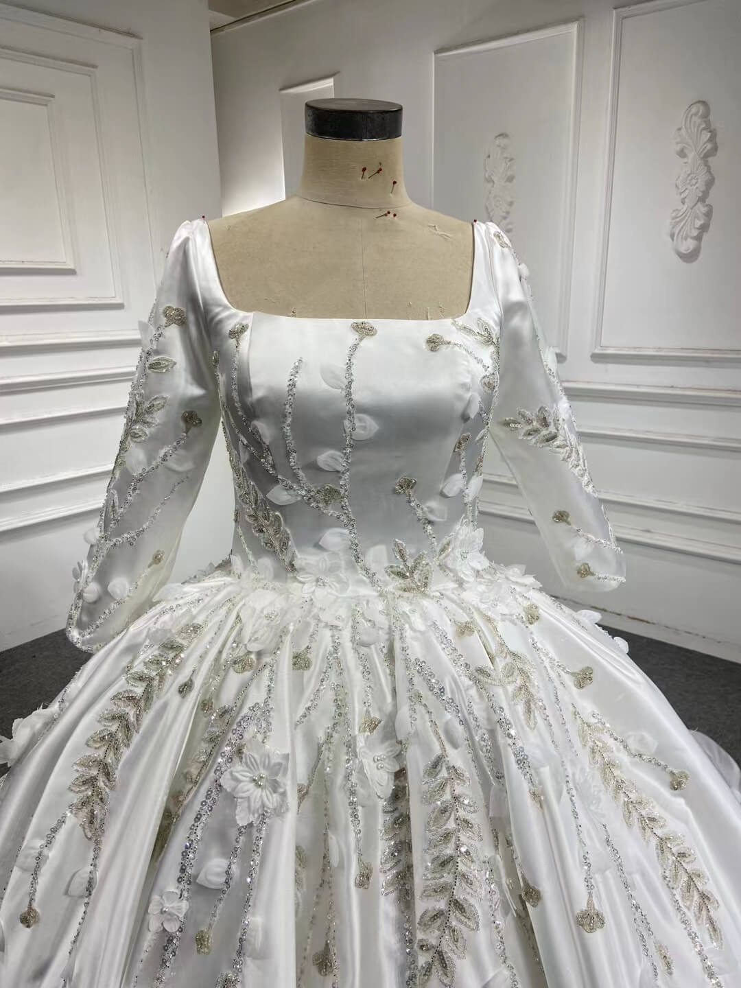 Beaded 3D Flower Satin Wedding Dresses with Sleeves 67282-wedding dresses 2025 -Viniodress-Sheath/Overskirt-Ivory-Custom Size