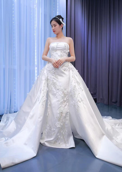 Beaded 3D Flower Satin Wedding Dresses with Sleeves 67282-wedding dresses 2025 -Viniodress-Sheath/Overskirt-Ivory-Custom Size