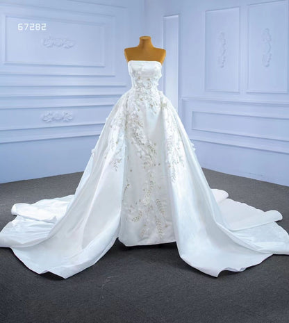 Beaded 3D Flower Satin Wedding Dresses with Sleeves 67282-wedding dresses 2025 -Viniodress-Sheath/Overskirt-Ivory-Custom Size