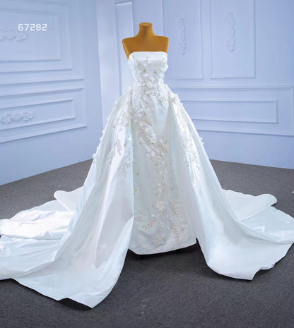 Beaded 3D Flower Satin Wedding Dresses with Sleeves 67282-wedding dresses 2025 -Viniodress-Sheath/Overskirt-Ivory-Custom Size