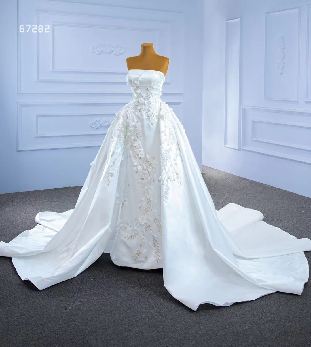 Beaded 3D Flower Satin Wedding Dresses with Sleeves 67282-wedding dresses 2025 -Viniodress-Sheath/Overskirt-Ivory-Custom Size