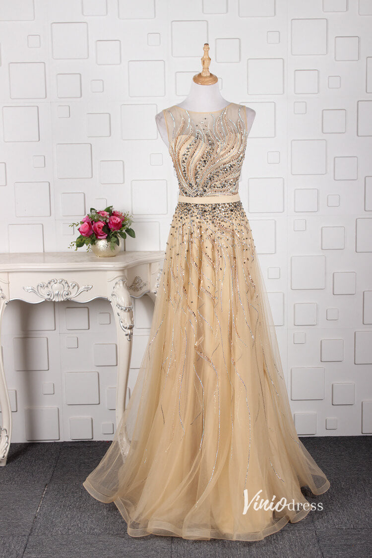 Beaded A-line Gold Prom Dress Feather Formal Evening Dress FD2672-prom dresses-Viniodress-Gold-US 2-Viniodress