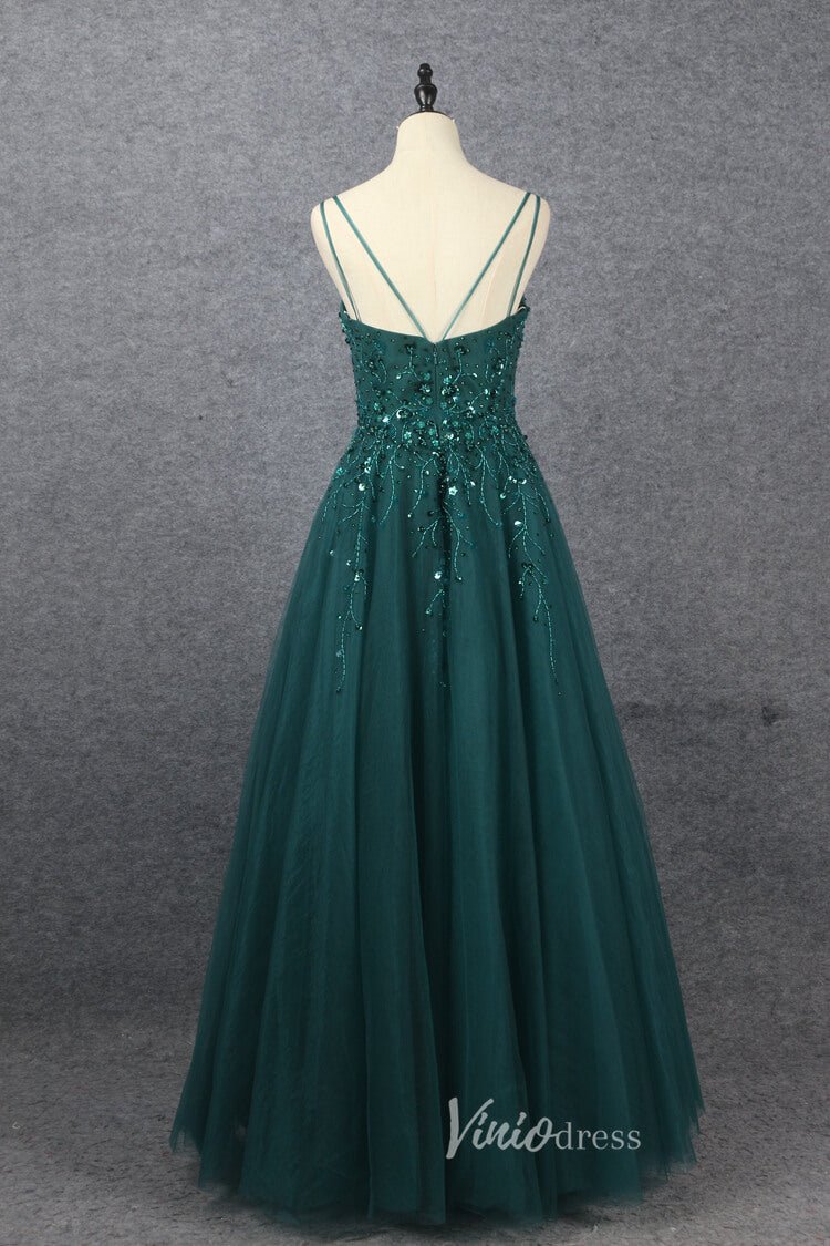 Beaded A-line Green Prom Dresses V-neck Evening Dress Spaghetti Strap 20064-Evening Dresses 2025 -Viniodress-Green-US 2-
