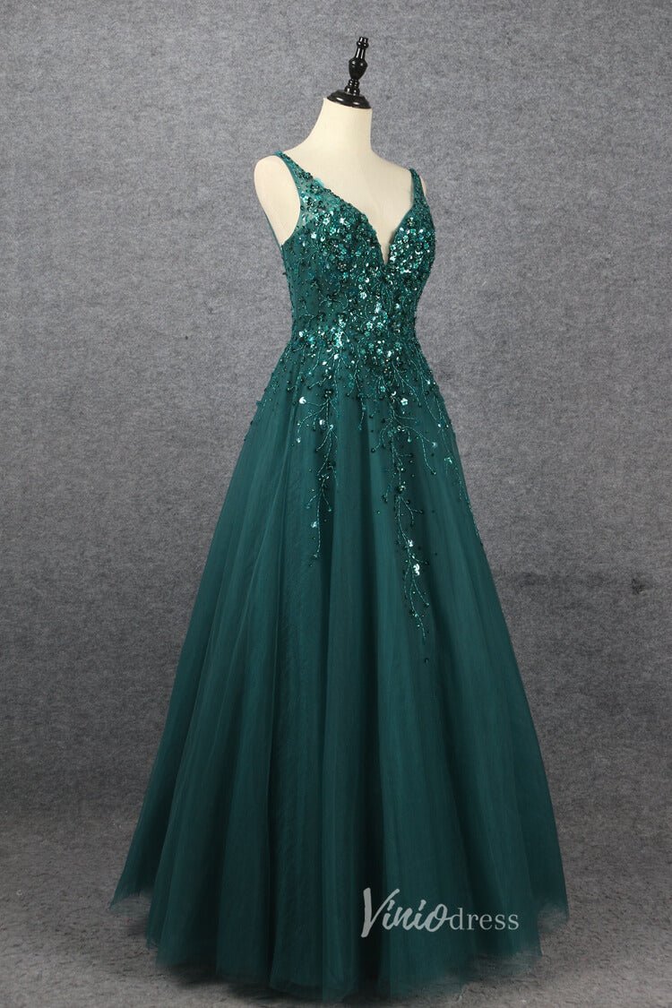 Beaded A-line Green Prom Dresses V-neck Evening Dress Spaghetti Strap 20064-Evening Dresses 2025 -Viniodress-Green-US 2-