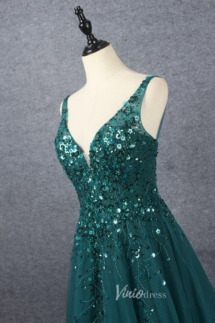 Beaded A-line Green Prom Dresses V-neck Evening Dress Spaghetti Strap 20064-Evening Dresses 2025 -Viniodress-Green-US 2-